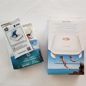 HP SPROCKET 100 X7N07A WHITE PORTABLE PHOTO PRINTER, CABLE & 1 PACK OF PAPER